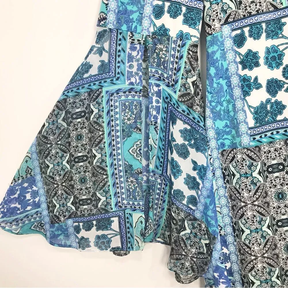 Ronni Nicole Blue Patchwork Floral Tapestry Print Bell Sleeve Sheath Dress